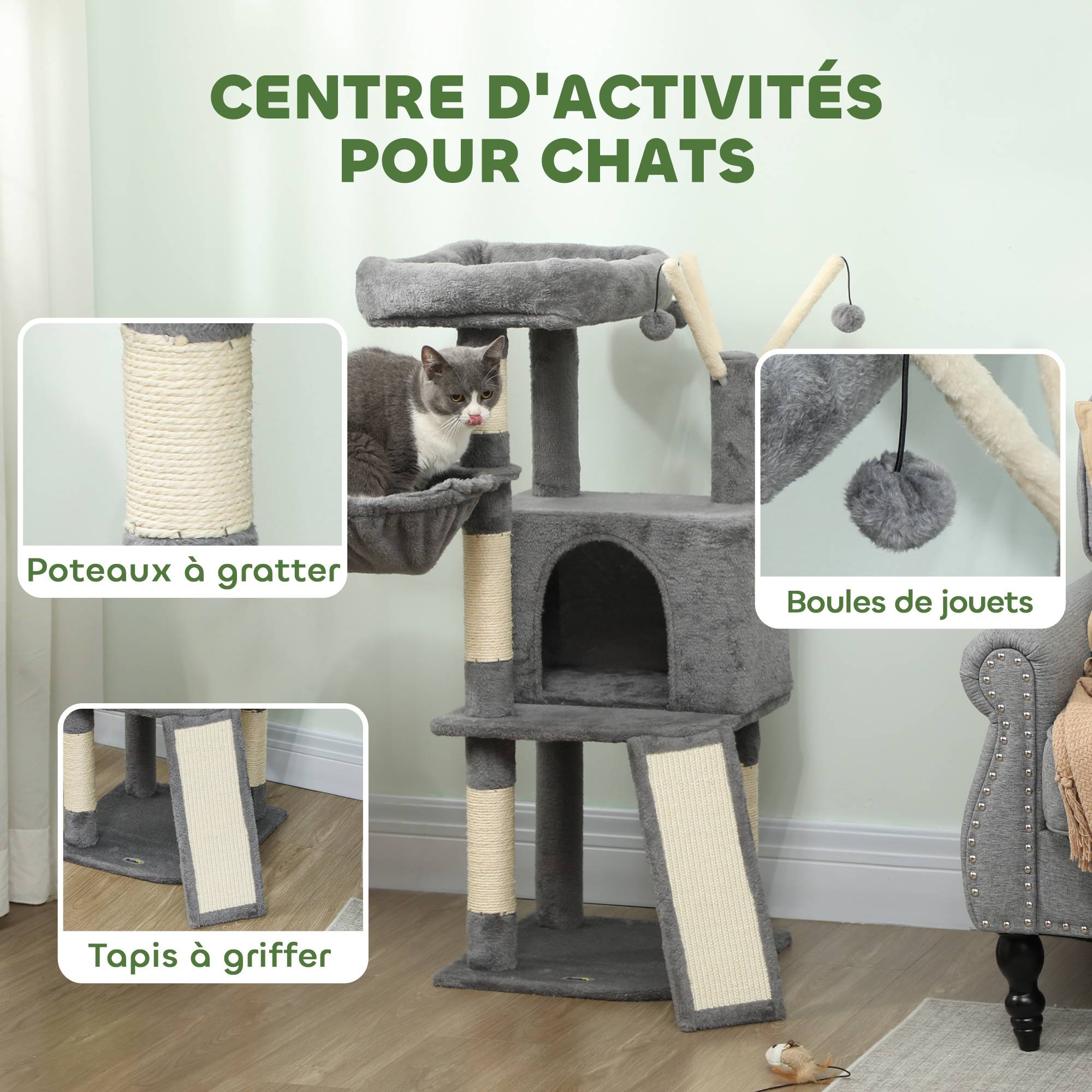 Arbre à Chat avec Griffoirs Sisal Niche Hamac et Tapis Griffoir Tour de Jeu 103 cm Grise - ComfortXL Outdoor Living - Image 6
