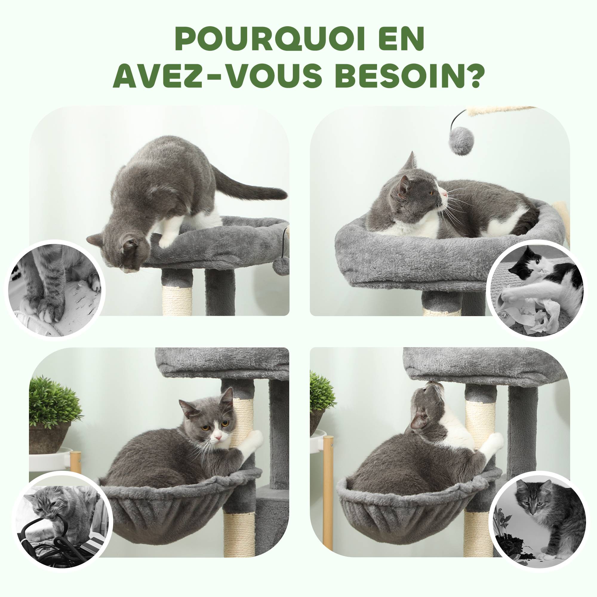 Arbre à Chat avec Griffoirs Sisal Niche Hamac et Tapis Griffoir Tour de Jeu 103 cm Grise - ComfortXL Outdoor Living - Image 9