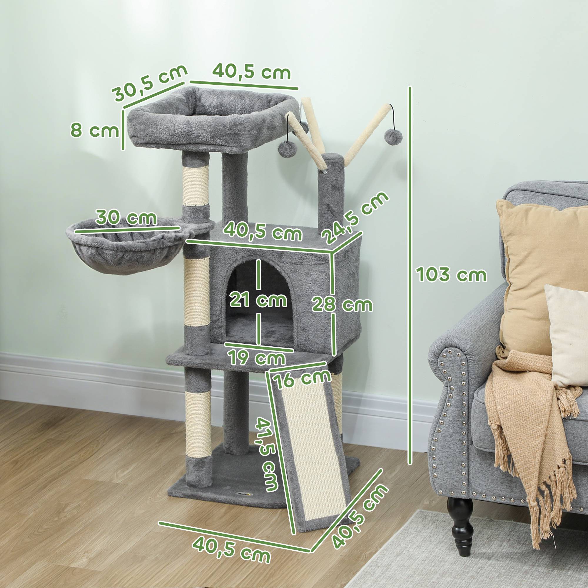 Arbre à Chat avec Griffoirs Sisal Niche Hamac et Tapis Griffoir Tour de Jeu 103 cm Grise - ComfortXL Outdoor Living - Image 5