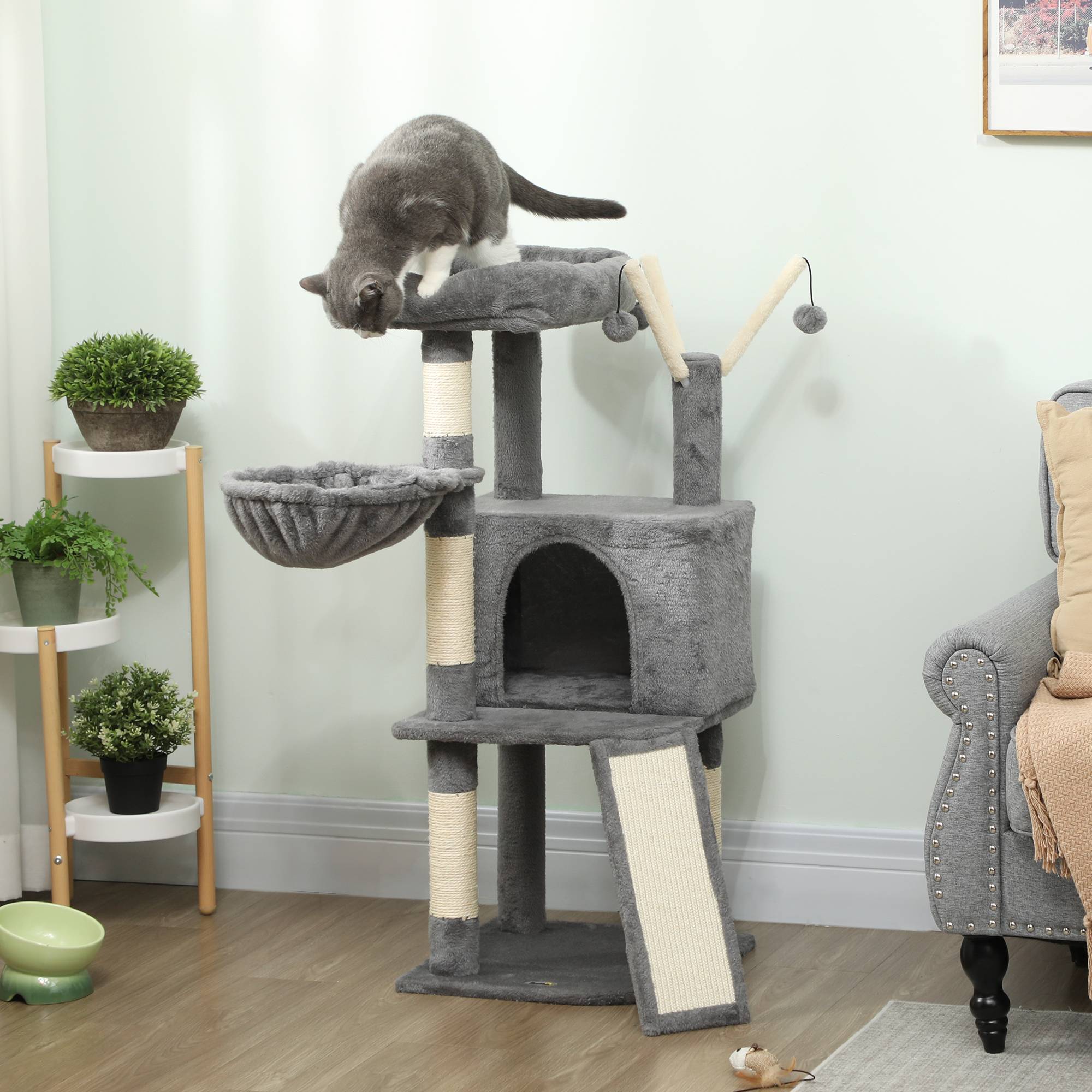 Arbre à Chat avec Griffoirs Sisal Niche Hamac et Tapis Griffoir Tour de Jeu 103 cm Grise - ComfortXL Outdoor Living - Image 3