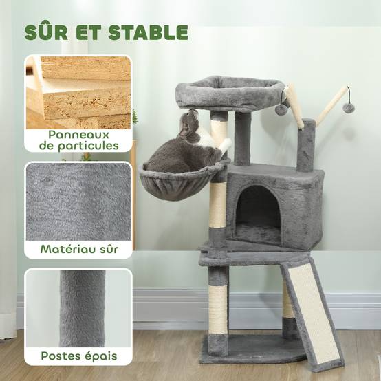 Arbre à Chat avec Griffoirs Sisal Niche Hamac et Tapis Griffoir Tour de Jeu 103 cm Grise - ComfortXL Outdoor Living - Image 8