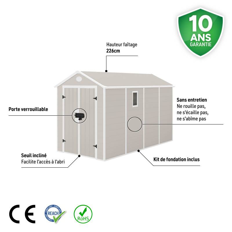Abri de jardin résine beige 6,99m² avec kit d'ancrage et double porte Jôbu - Image 4