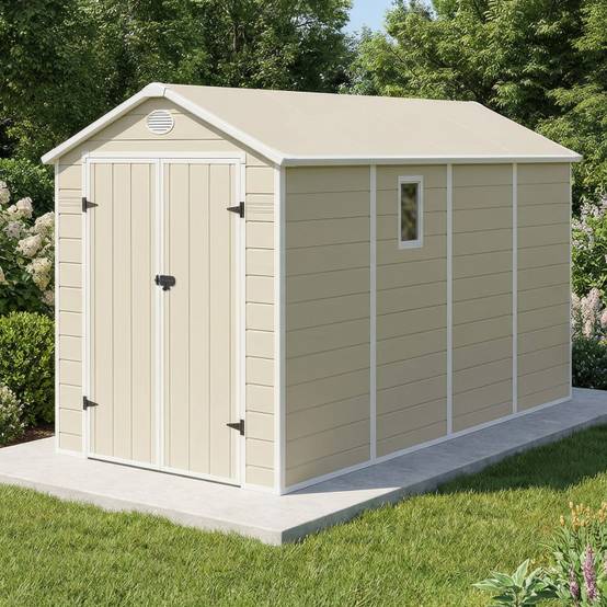 Abri de jardin résine beige 6,99m² avec kit d'ancrage et double porte Jôbu - Image 2