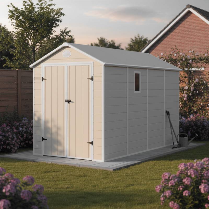 Abri de jardin résine beige 6,99m² avec kit d'ancrage et double porte Jôbu - Image 1