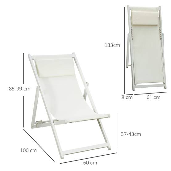 Ensemble de 2 chaises longues pliables aluminium avec dossier réglable 5 positions et appui-tête 60x100x85 cm blanc - Image 5