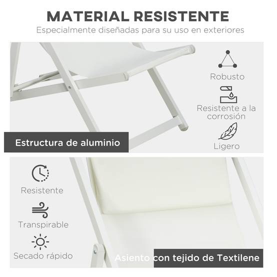 Ensemble de 2 chaises longues pliables aluminium avec dossier réglable 5 positions et appui-tête 60x100x85 cm blanc - Image 8