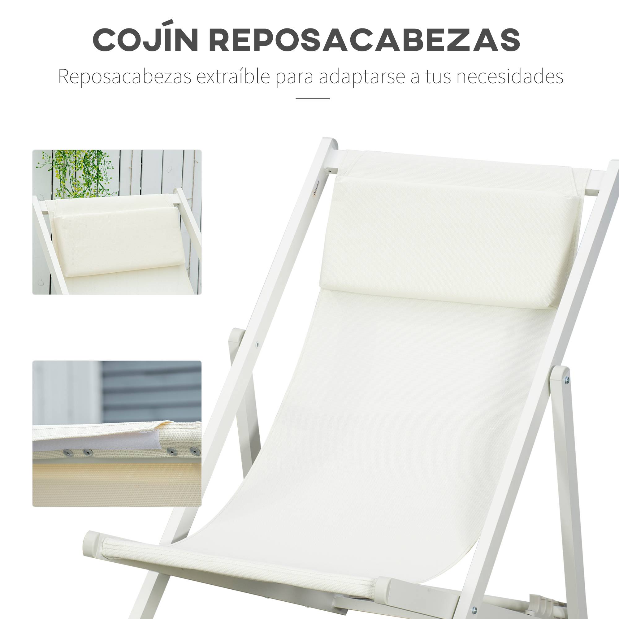 Ensemble de 2 chaises longues pliables aluminium avec dossier réglable 5 positions et appui-tête 60x100x85 cm blanc - Image 9