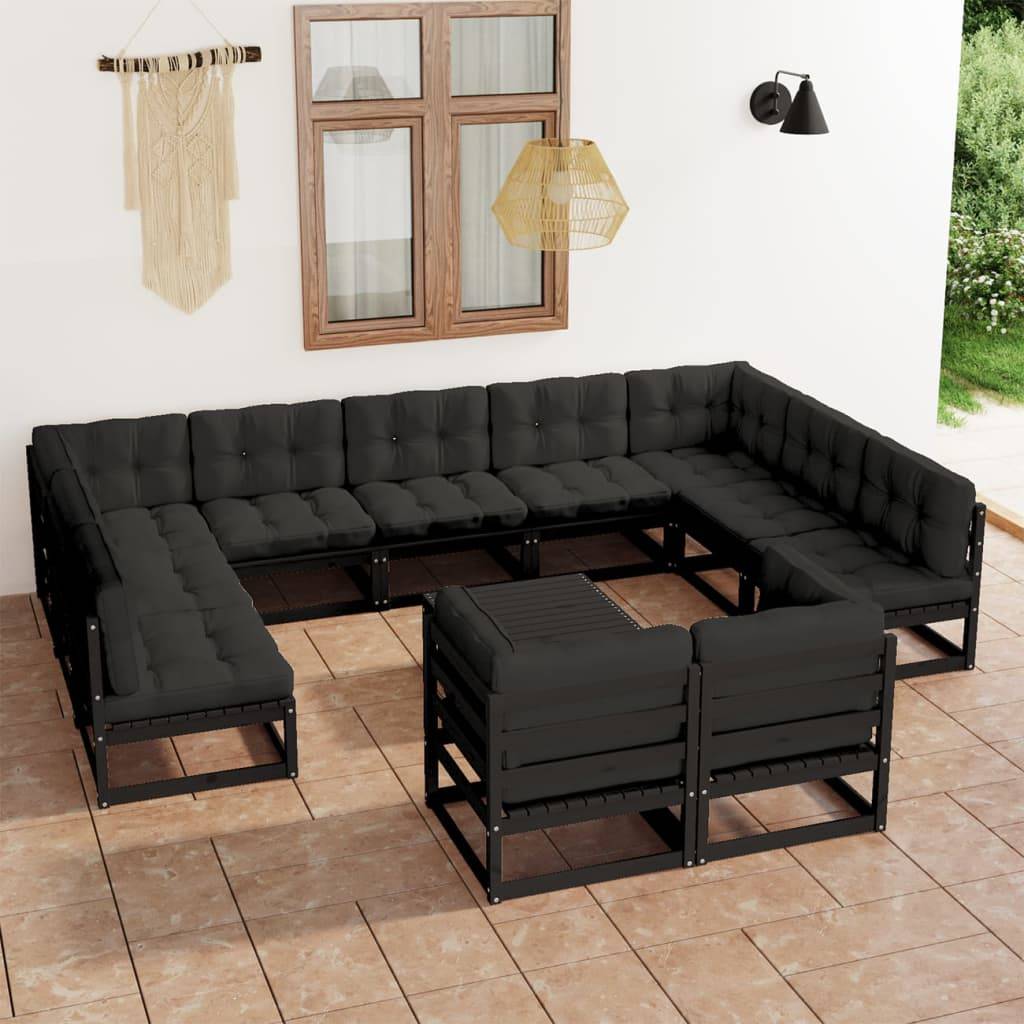 Vidaxl - Salon de jardin 12 pcs avec coussins Noir Bois de pin massif vidaXL 3077273 - Image 1