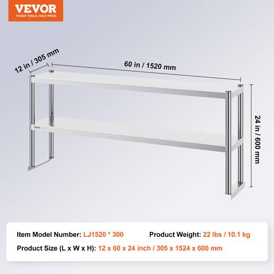 Vevor - VEVOR Étagère deux niveaux acier inoxydable 12x60 pouces, hauteur réglable, pour cuisine, restaurant, atelier. - Image 7