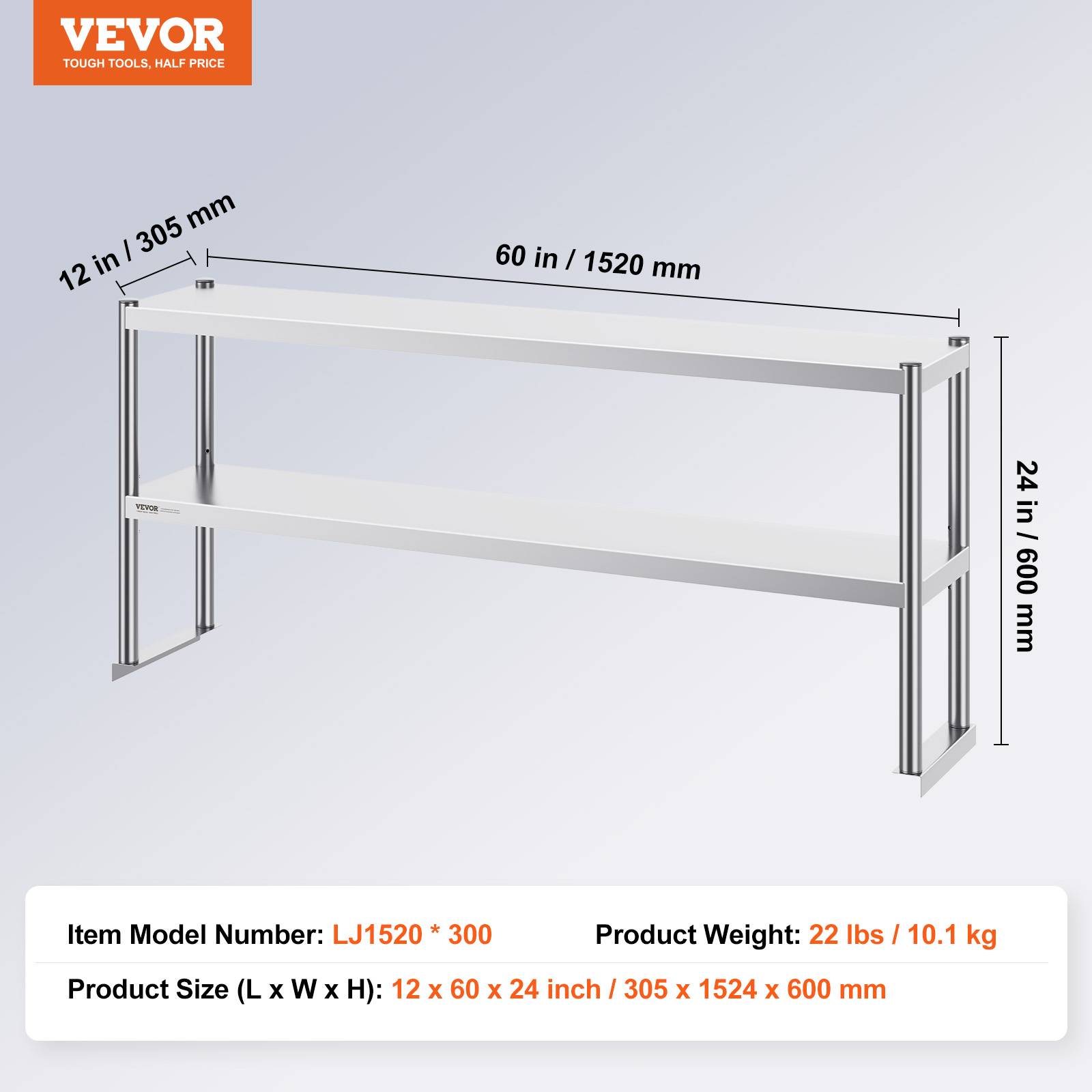 Vevor - VEVOR Étagère deux niveaux acier inoxydable 12x60 pouces, hauteur réglable, pour cuisine, restaurant, atelier. - Image 7