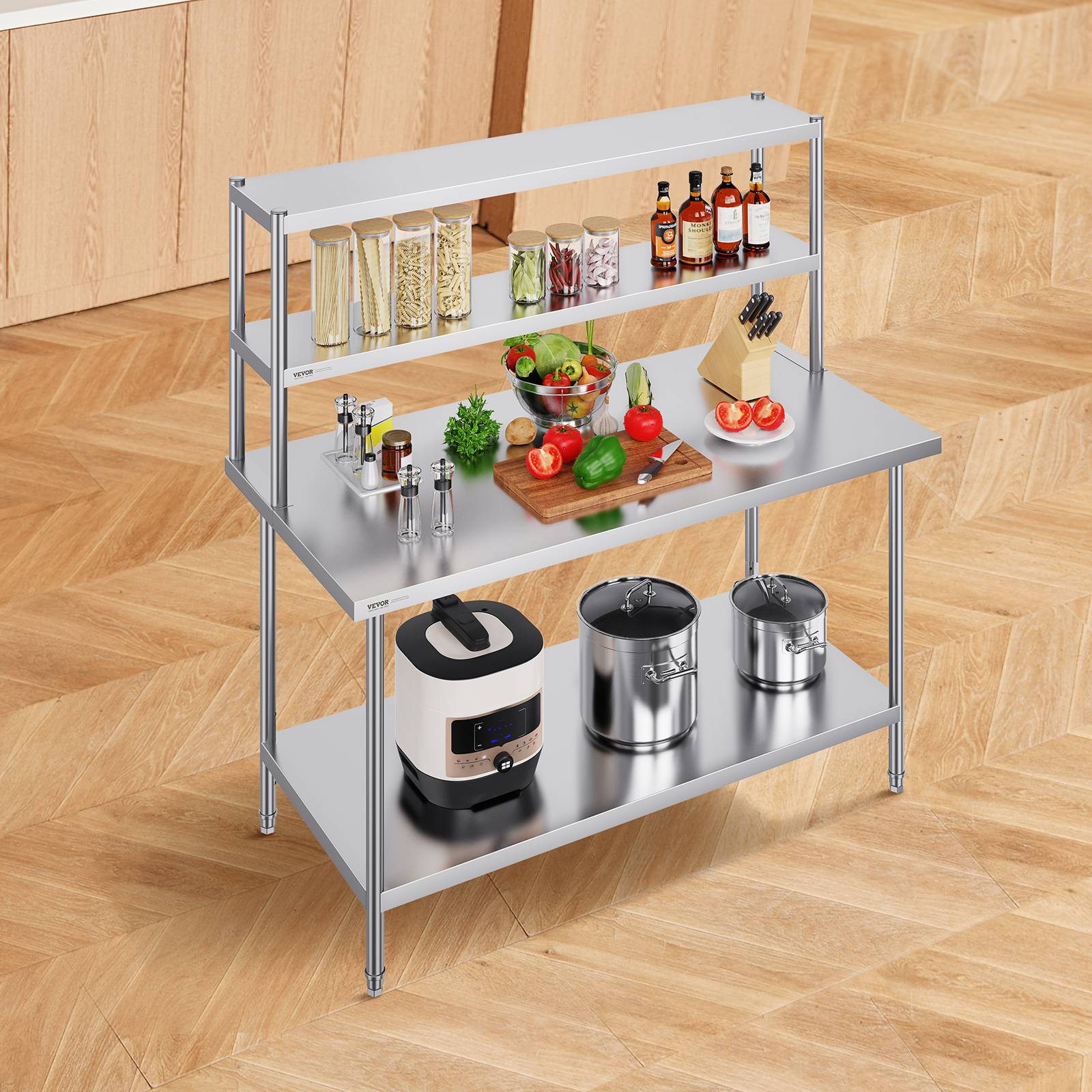 Vevor - VEVOR Étagère deux niveaux acier inoxydable 12x60 pouces, hauteur réglable, pour cuisine, restaurant, atelier. - Image 8