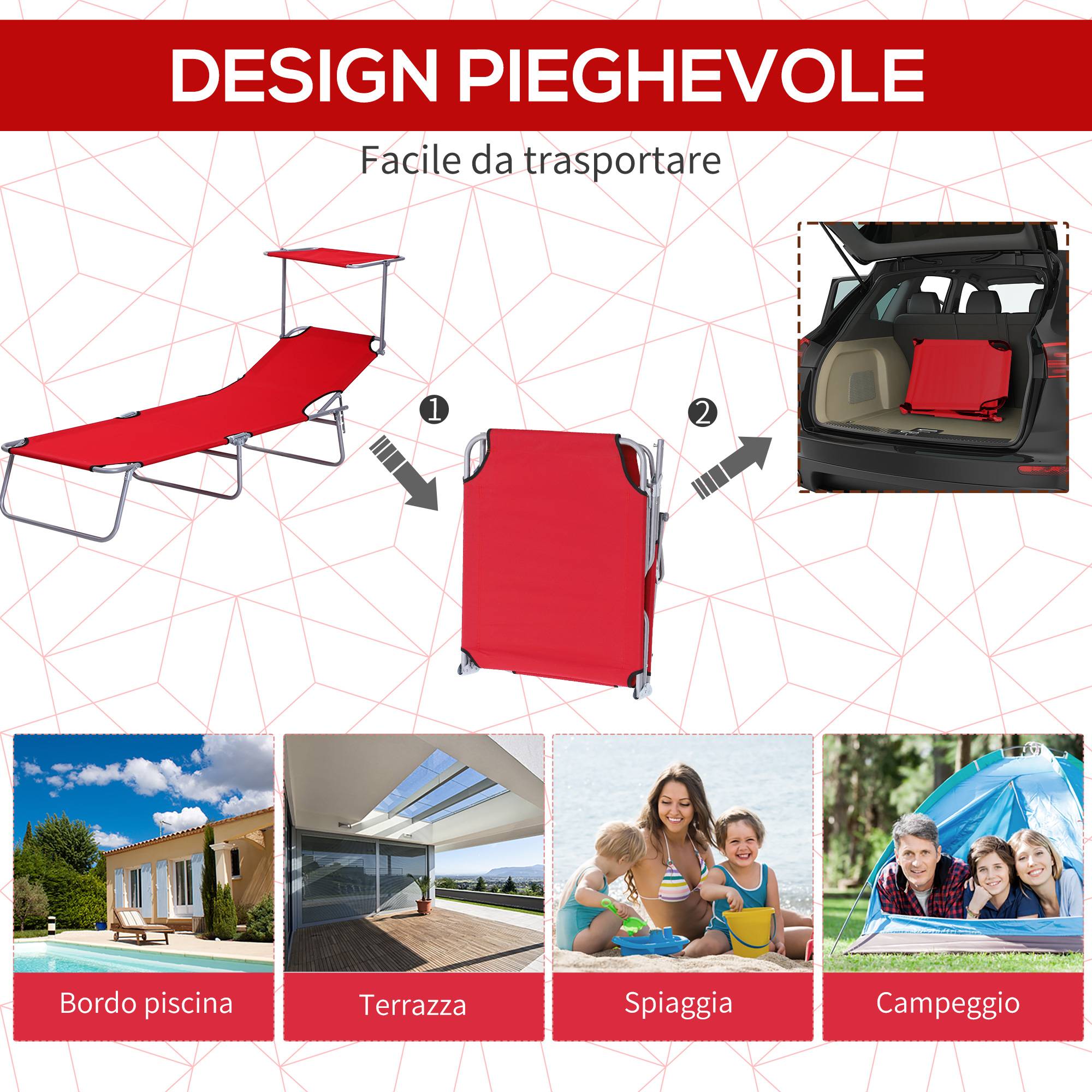 Chaise longue jardin pliante auvent réglable dossier inclinable 4 positions rouge, transat rouge avec pare-soleil réglable - Image 7
