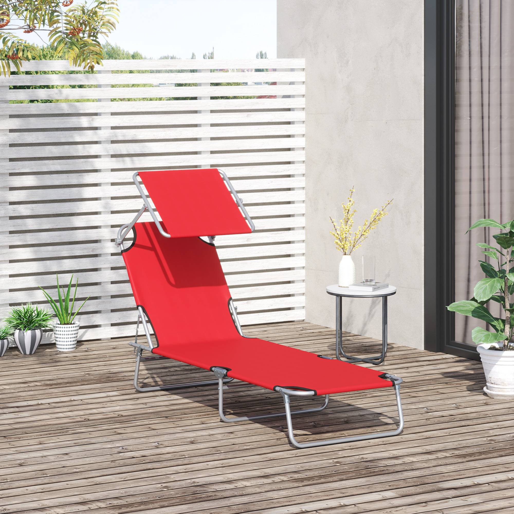 Chaise longue jardin pliante auvent réglable dossier inclinable 4 positions rouge, transat rouge avec pare-soleil réglable - Image 4