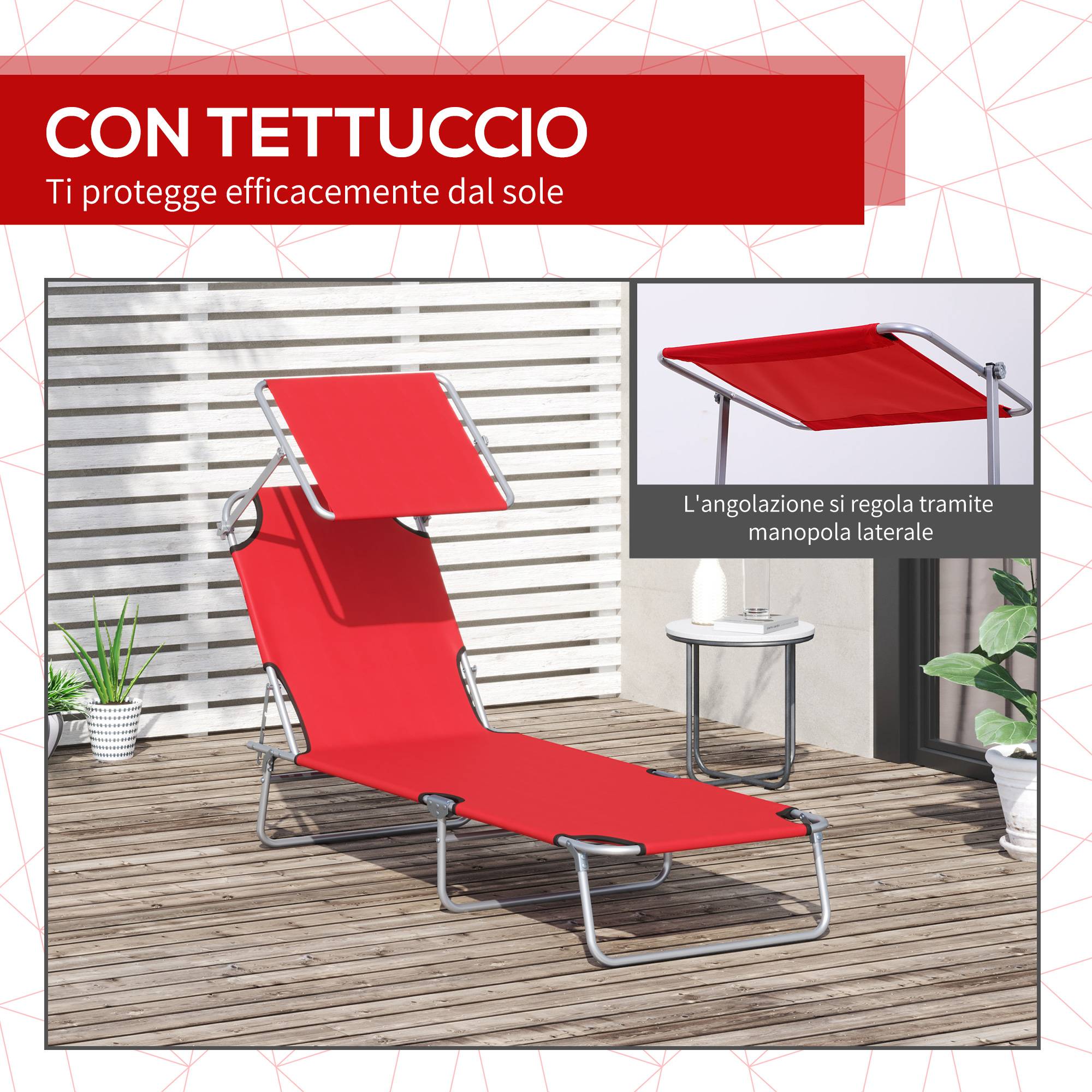 Chaise longue jardin pliante auvent réglable dossier inclinable 4 positions rouge, transat rouge avec pare-soleil réglable - Image 8