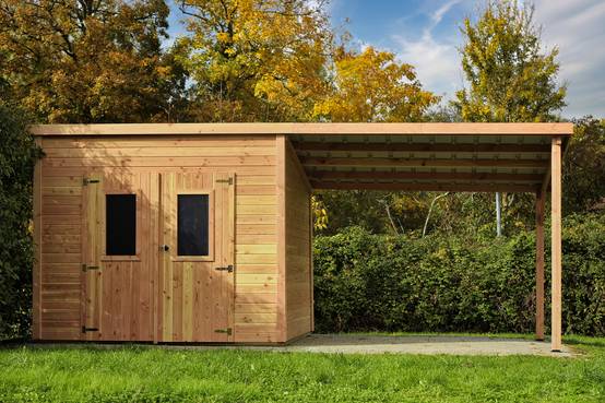 Habrita - Abri Madriers bois massif - 28 mm - surface extérieur 18,06 m2 avec bucher - Toit monopente- Toiture polycarbonate double peau - Image 1