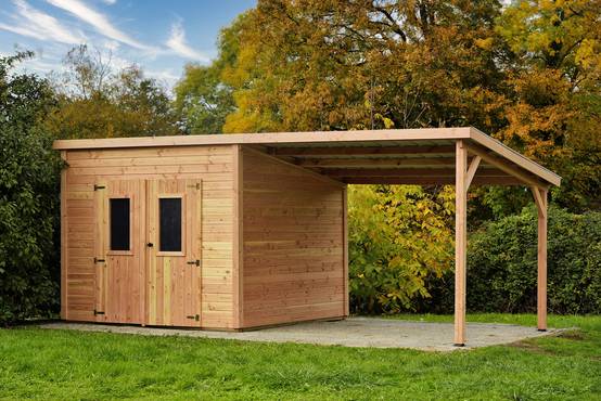 Habrita - Abri Madriers bois massif - 28 mm - surface extérieur 18,06 m2 avec bucher - Toit monopente- Toiture polycarbonate double peau - Image 2