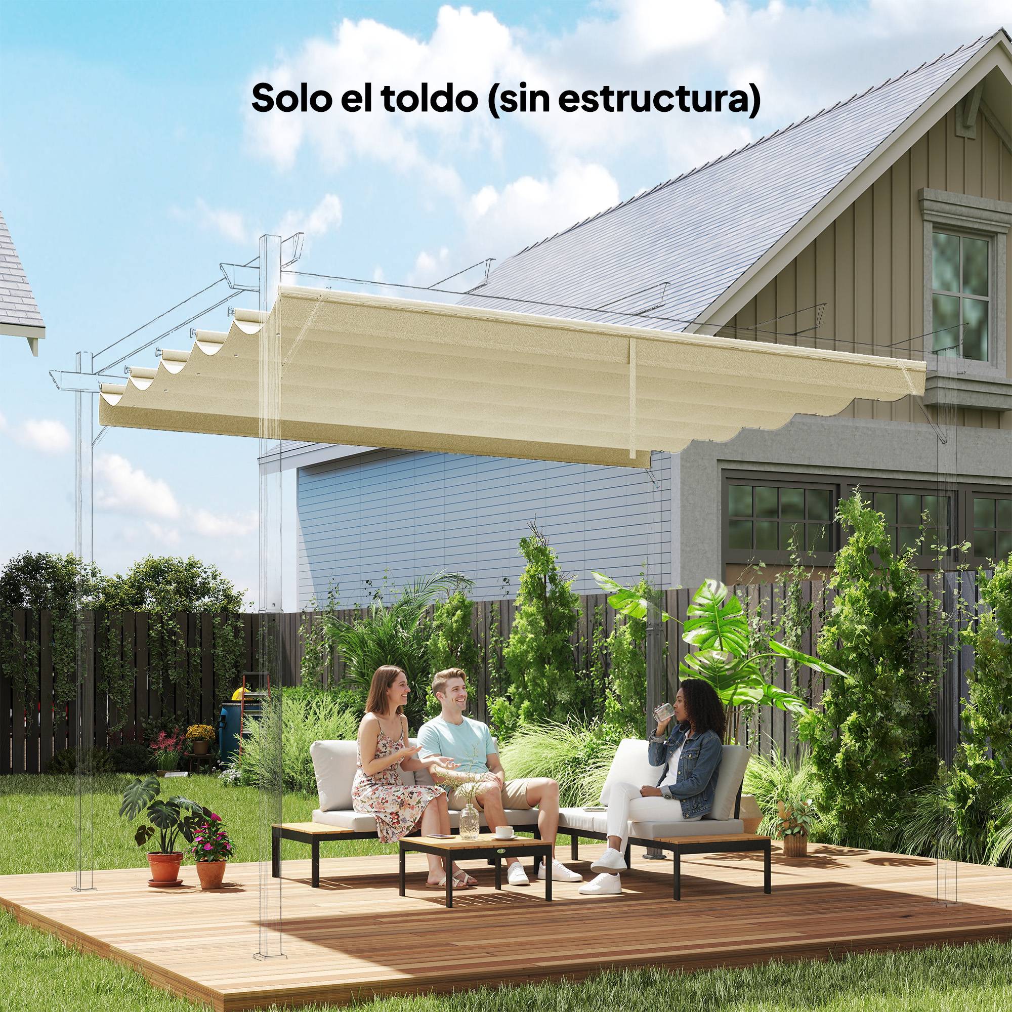 Toile de Rechange pour Pergola Rétractable 3x3m Polyester Anti-UV Coulissant Crème - ComfortXL Outdoor Living - Image 3
