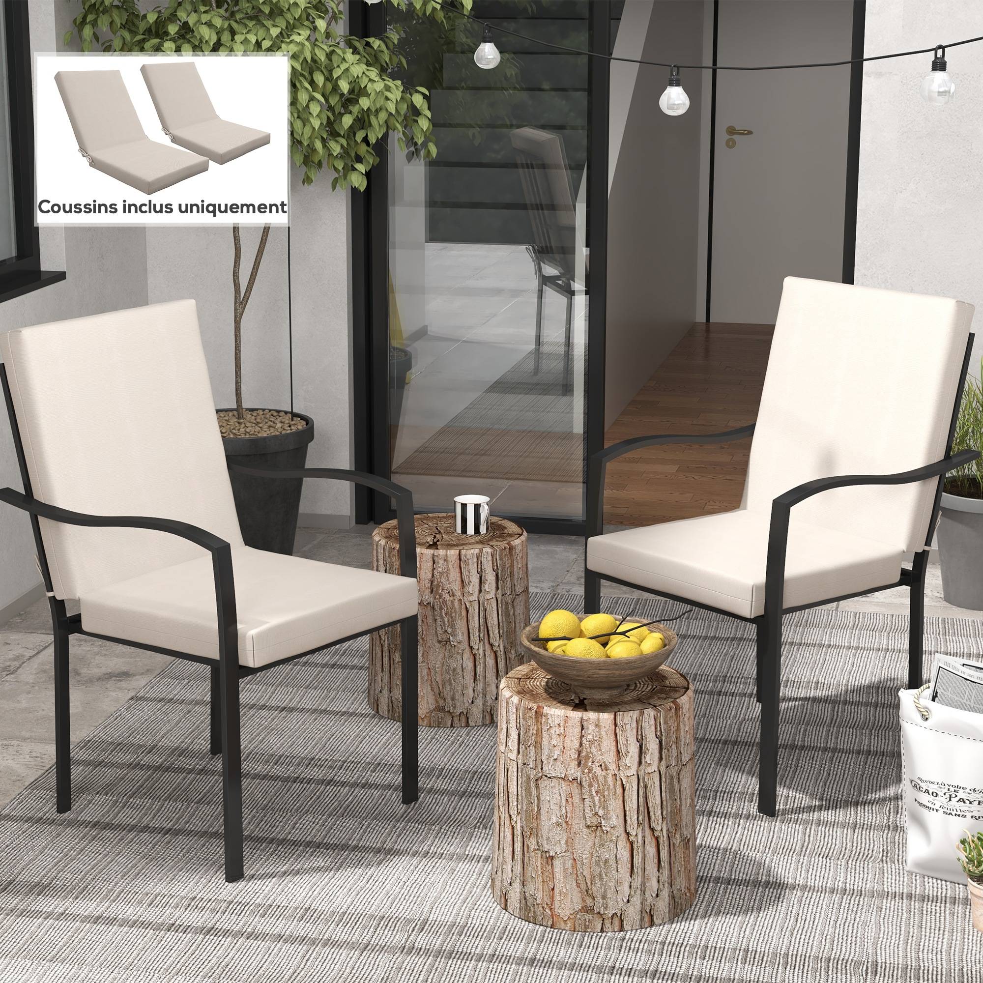 Lot de 2 coussins d'extérieur pour fauteuil chaise à dossier avec attaches rembourrage 8 cm, dim. 112L x 51l cm, beige - Image 3