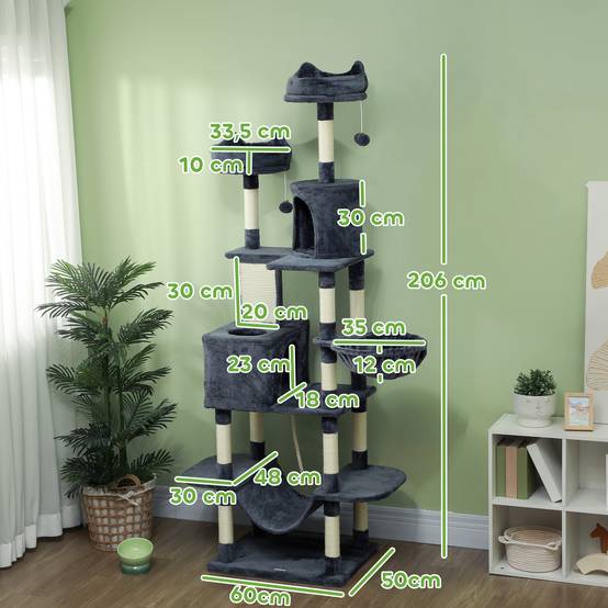 Grand arbre à chat Sisal grands chats Plateformes multiples 60x50x206cm Gris foncé - ComfortXL Outdoor Living - Image 5