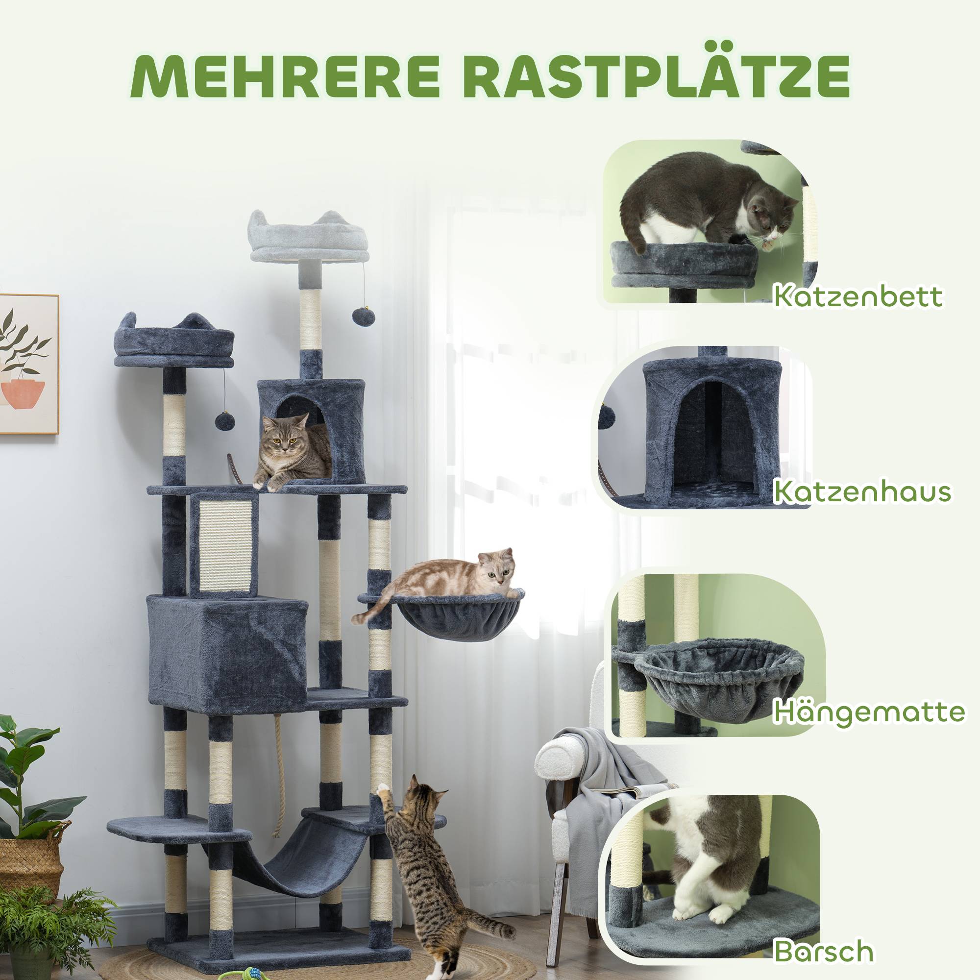 Grand arbre à chat Sisal grands chats Plateformes multiples 60x50x206cm Gris foncé - ComfortXL Outdoor Living - Image 6