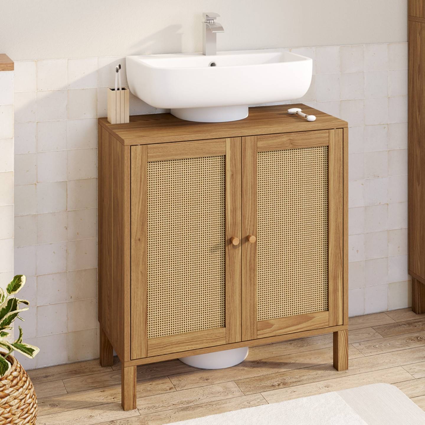 IDMARKET - Meuble sous lavabo salle de bain HANAE effet naturel cannage - Image 1