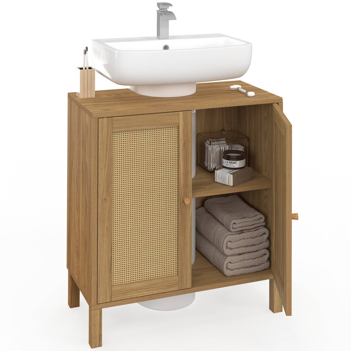 IDMARKET - Meuble sous lavabo salle de bain HANAE effet naturel cannage - Image 5