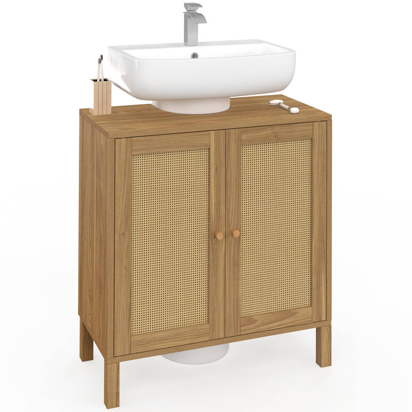 IDMARKET - Meuble sous lavabo salle de bain HANAE effet naturel cannage - Image 2