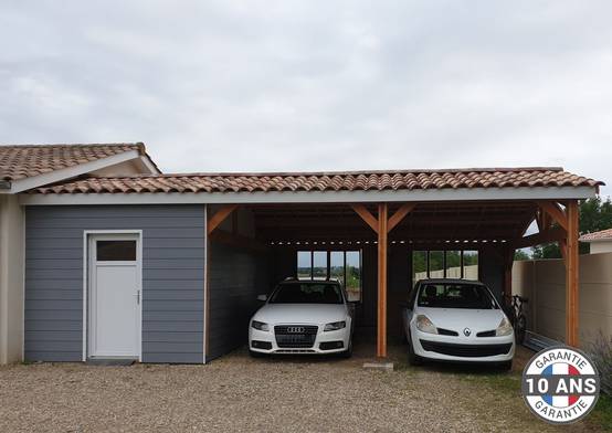 Cpbf Charpentes - Carport Bois Douglas Français 40 m² – 2 pentes faitage décalé adossé – 6 poteaux – Abri voiture extérieur – Garantie 10 ans - Image 2