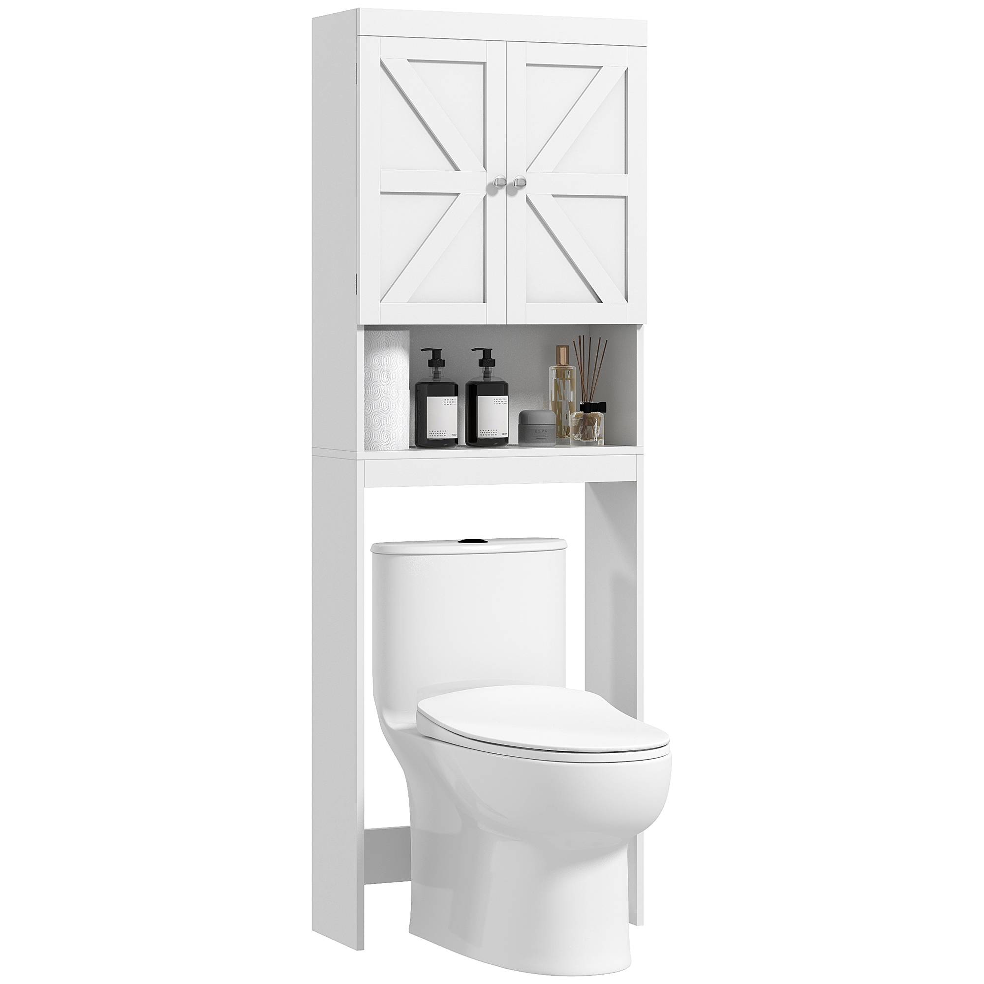 Sans Marque - Armoire rangement dessus toilettes meuble salle bain placard 2 portes étagère 58,5x23x170 cm blanc - Image 1