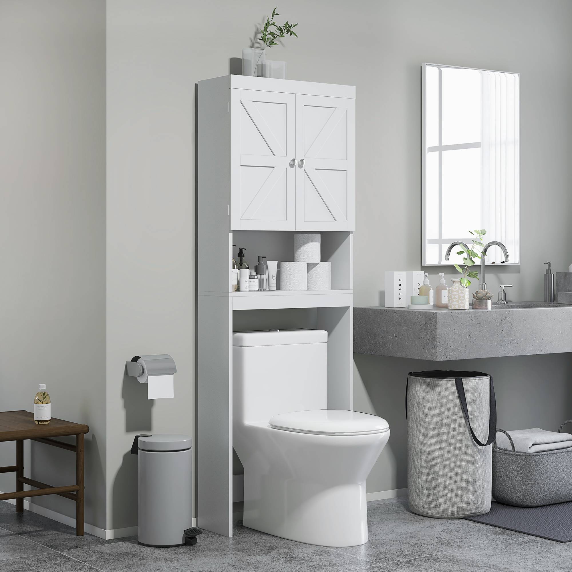 Sans Marque - Armoire rangement dessus toilettes meuble salle bain placard 2 portes étagère 58,5x23x170 cm blanc - Image 4
