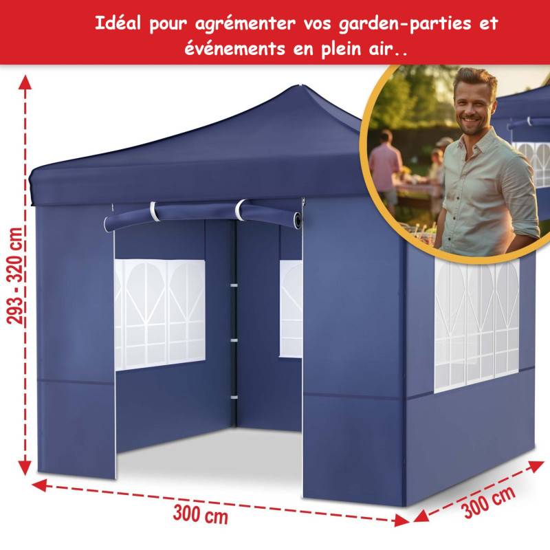 Pavillon 3x3m Tonnelle de jardin pliable Bleu avec fenêtres Sac de rangement inclus - Image 2