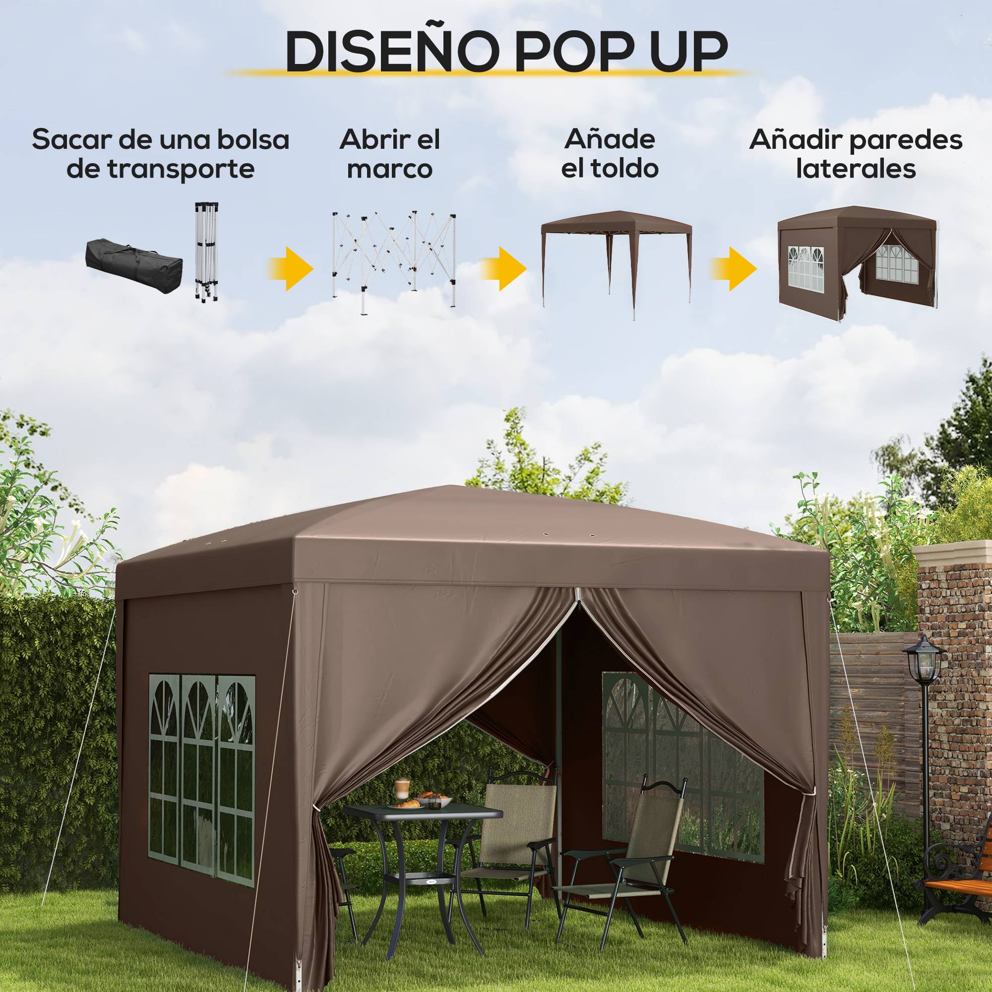Tente pliante pop-up 3x3m avec 4 parois latérales anti-UV et sac de transport (marron) - Image 6