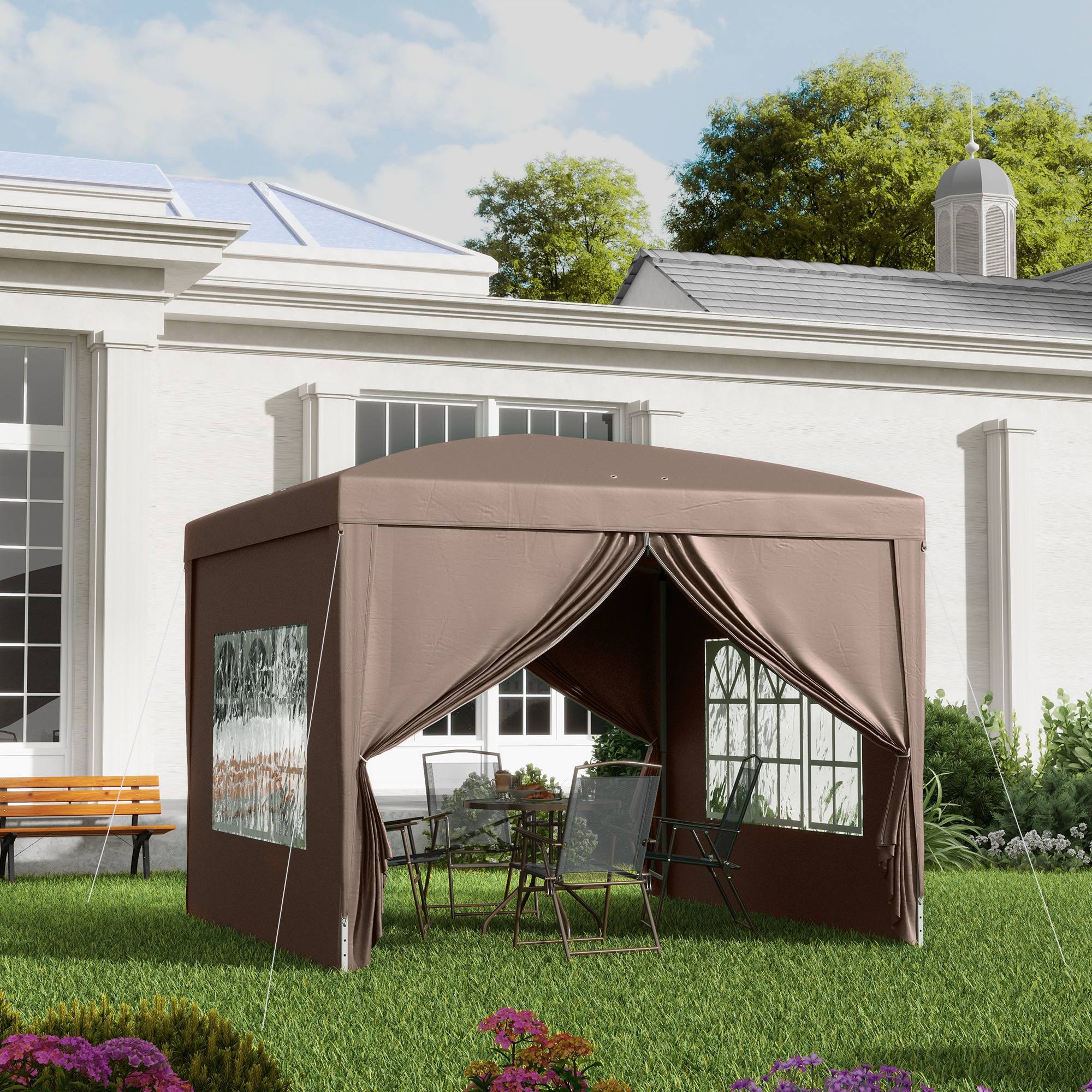 Tente pliante pop-up 3x3m avec 4 parois latérales anti-UV et sac de transport (marron) - Image 3