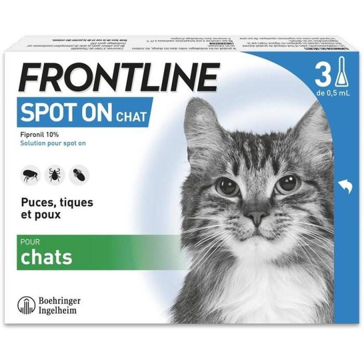 Frontline - Traitement antiparasitaire Spot On chat puces, tiques et poux broyeurs - pipettes 0,5 mL (3) - FRONTLINE - Image 1