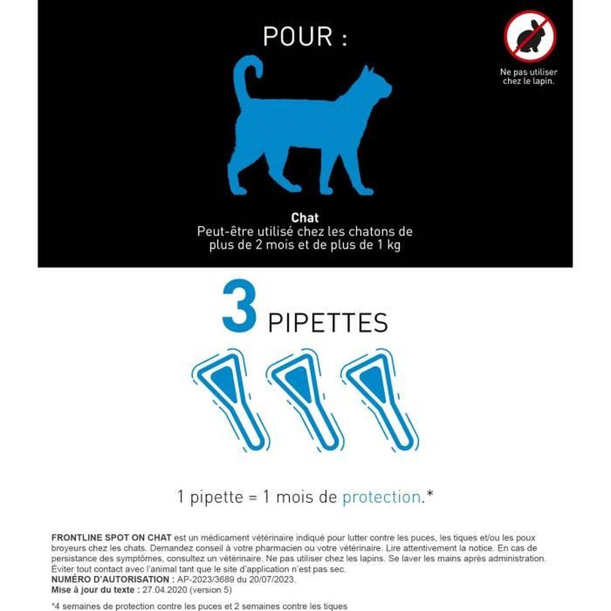 Frontline - Traitement antiparasitaire Spot On chat puces, tiques et poux broyeurs - pipettes 0,5 mL (3) - FRONTLINE - Image 3