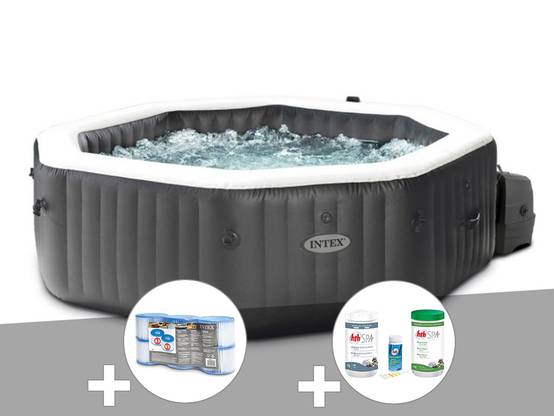 Kit spa gonflable Intex PureSpa Carbone octogonal Bulles et Jets 4 places + 12 filtres + Kit traitement brome