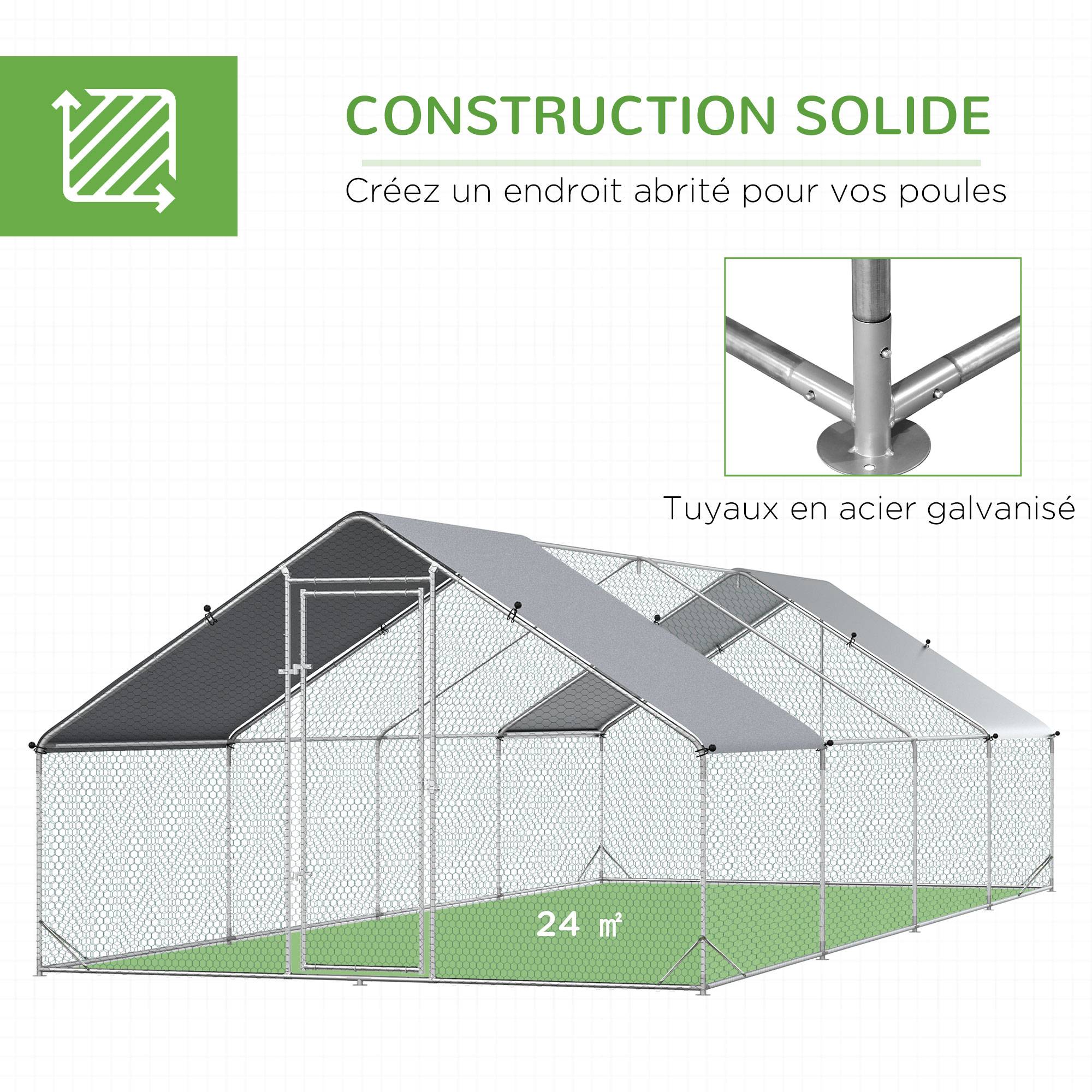 Enclos poulailler chenil volière extérieur 24 m² - Parc grillagé dim. 3L x 8l x 2H m - Espace Couvert - Acier galvanisé - Image 8