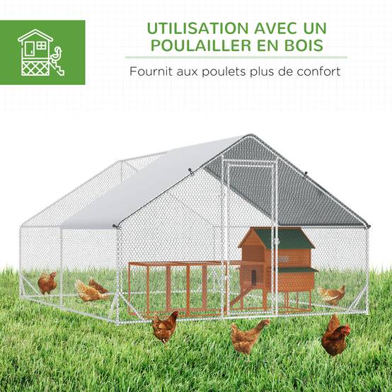 Enclos poulailler chenil volière extérieur 24 m² - Parc grillagé dim. 3L x 8l x 2H m - Espace Couvert - Acier galvanisé - Image 7