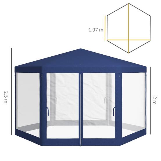 Tonnelle Hexagonale Jardin Moustiquaire Intégrée Toile Polyester 4x3m Bleu - ComfortXL Outdoor Living - Image 3