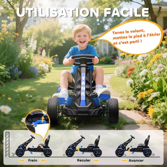 Kart à pédales pour enfants, karting enfant 3 à 6 ans avec roue libre, frein, roues EVA antidérapantes, bleu - Image 7