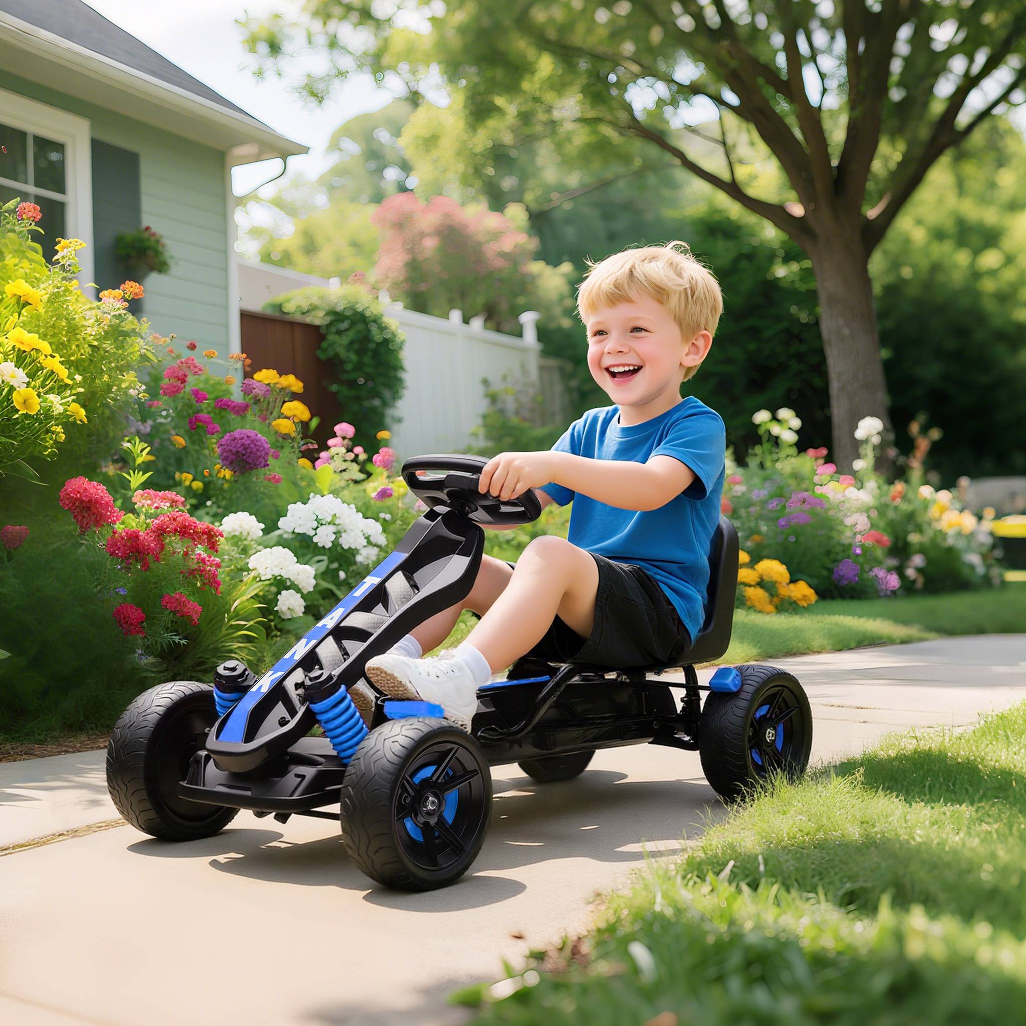 Kart à pédales pour enfants, karting enfant 3 à 6 ans avec roue libre, frein, roues EVA antidérapantes, bleu - Image 3