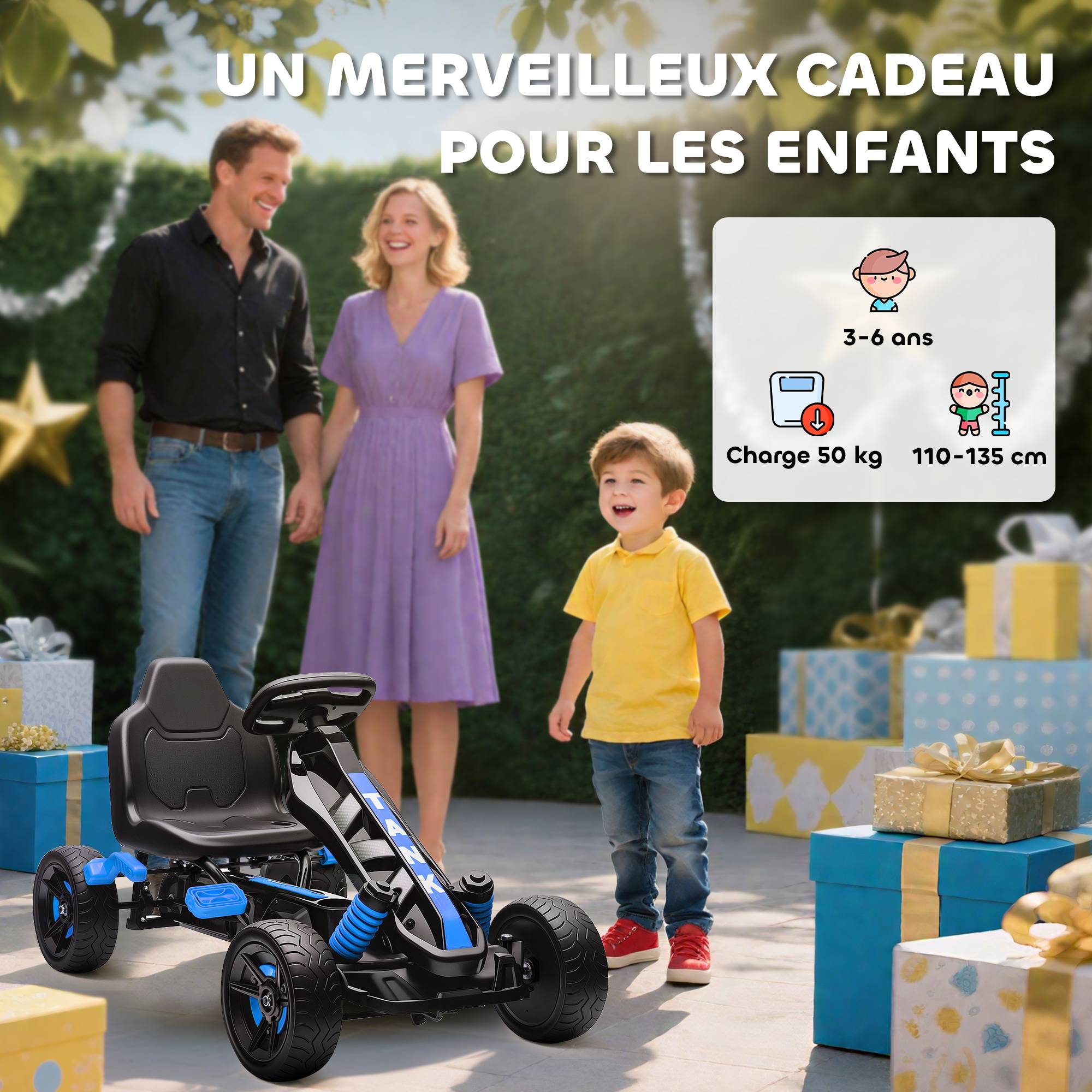 Kart à pédales pour enfants, karting enfant 3 à 6 ans avec roue libre, frein, roues EVA antidérapantes, bleu - Image 10