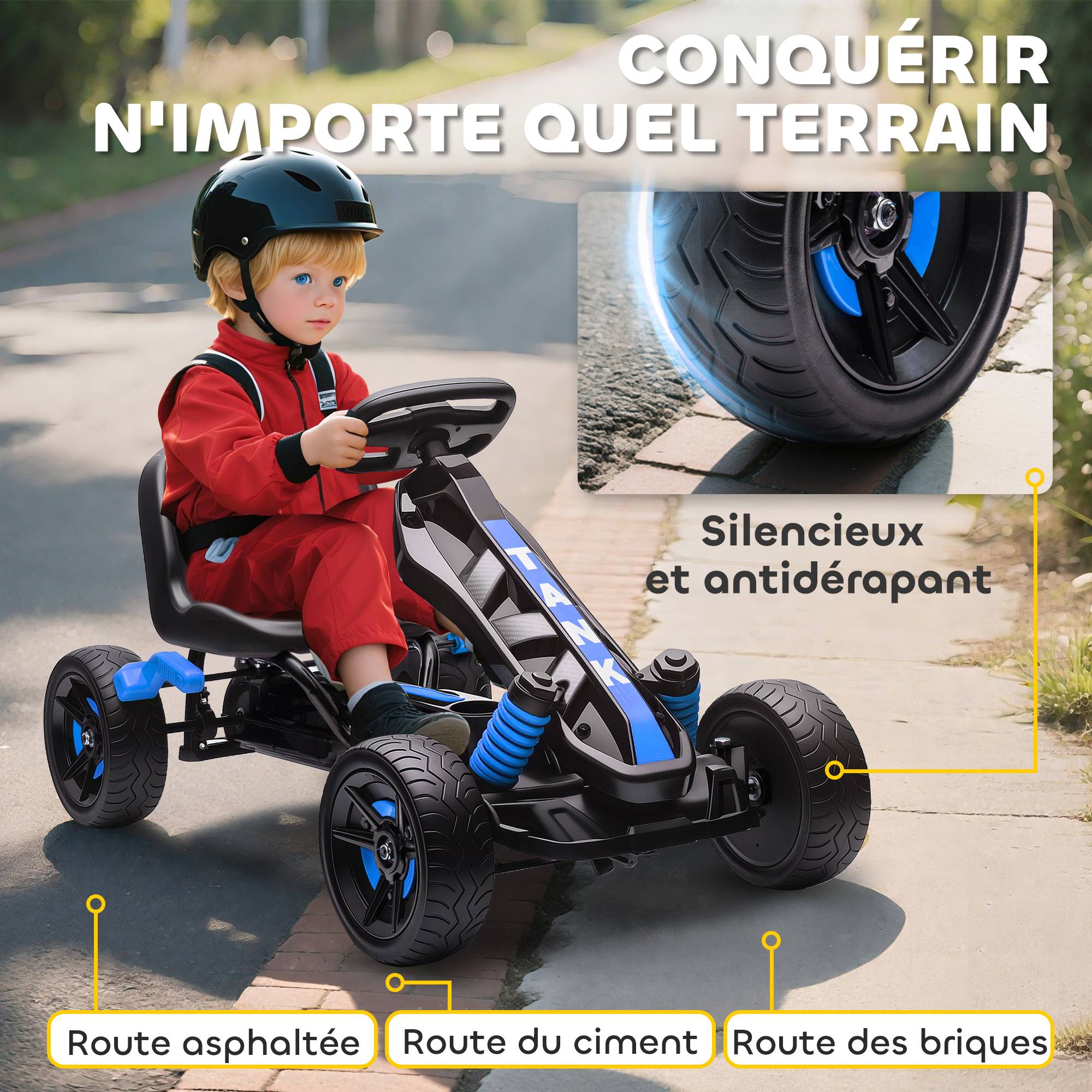 Kart à pédales pour enfants, karting enfant 3 à 6 ans avec roue libre, frein, roues EVA antidérapantes, bleu - Image 8