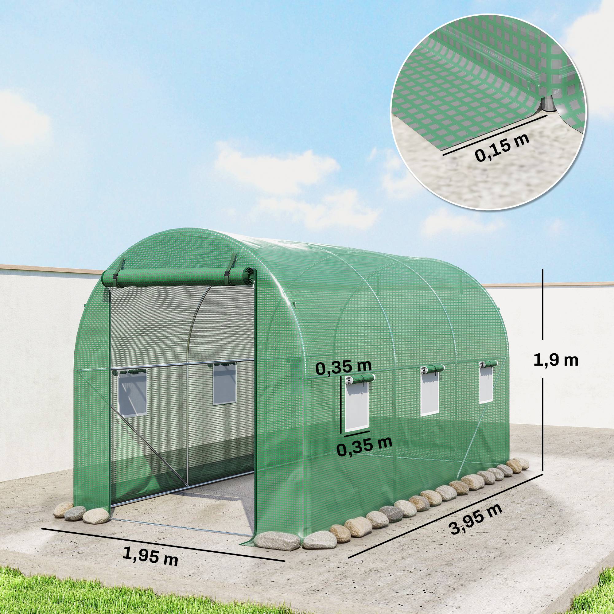 Sans Marque - Serre Jardin Tunnel 8m² 4x2x1,9m acier galvanisé 2,4cm PE fenêtres porte Vert - Image 5