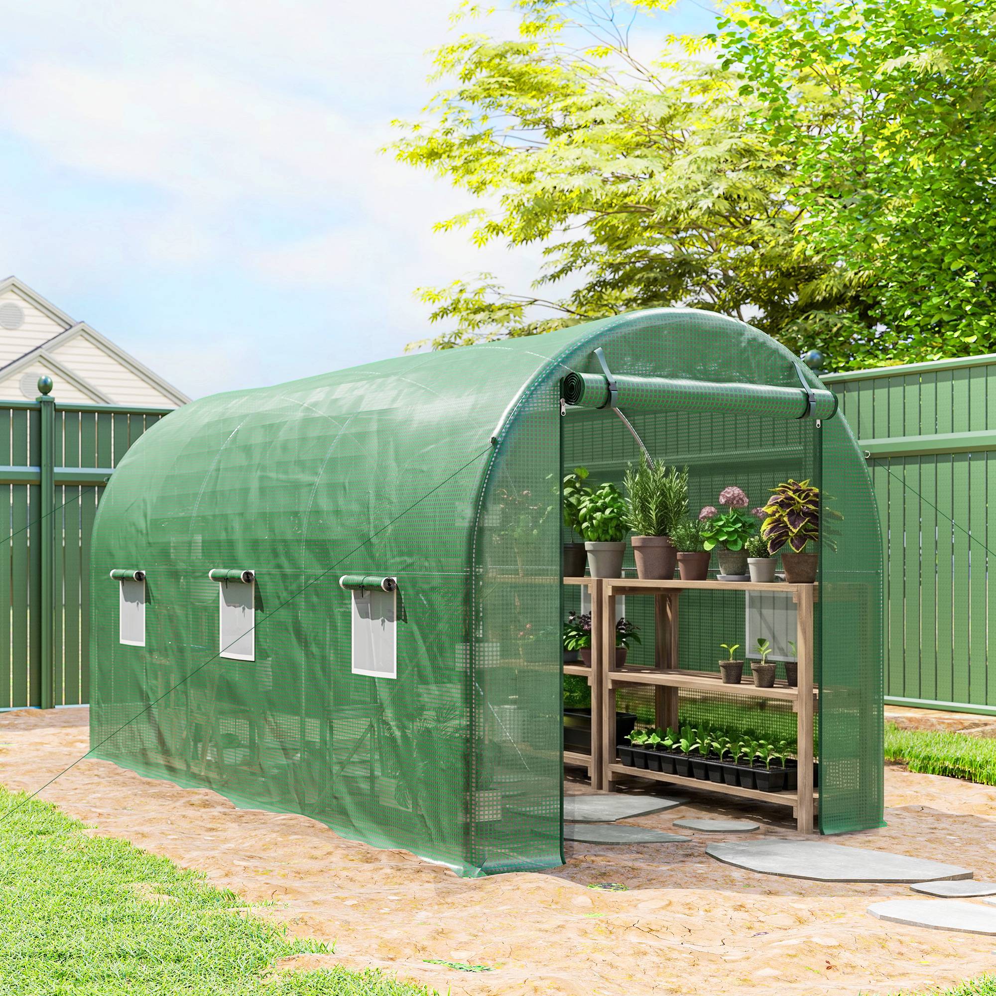 Sans Marque - Serre Jardin Tunnel 8m² 4x2x1,9m acier galvanisé 2,4cm PE fenêtres porte Vert - Image 4