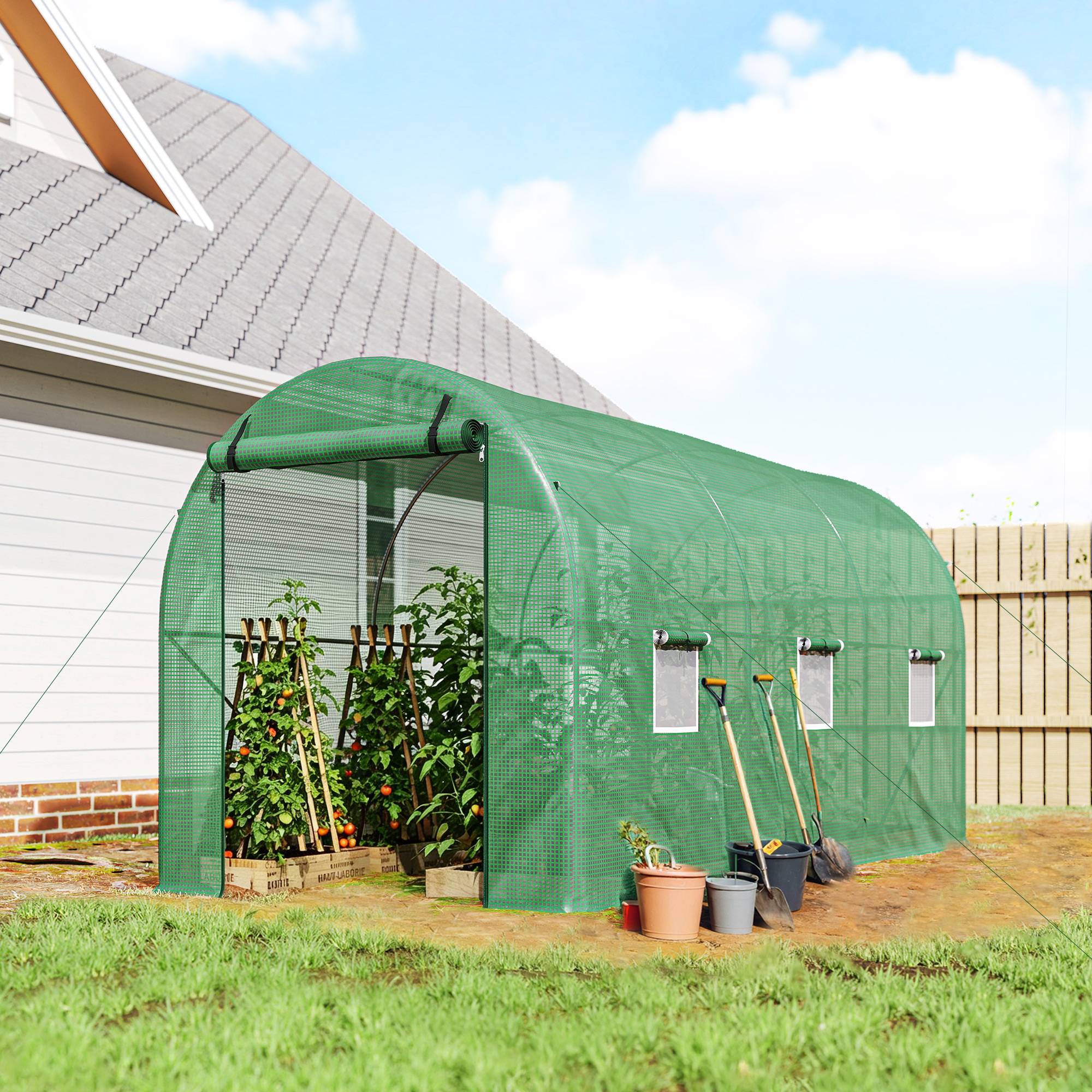 Sans Marque - Serre Jardin Tunnel 8m² 4x2x1,9m acier galvanisé 2,4cm PE fenêtres porte Vert - Image 3