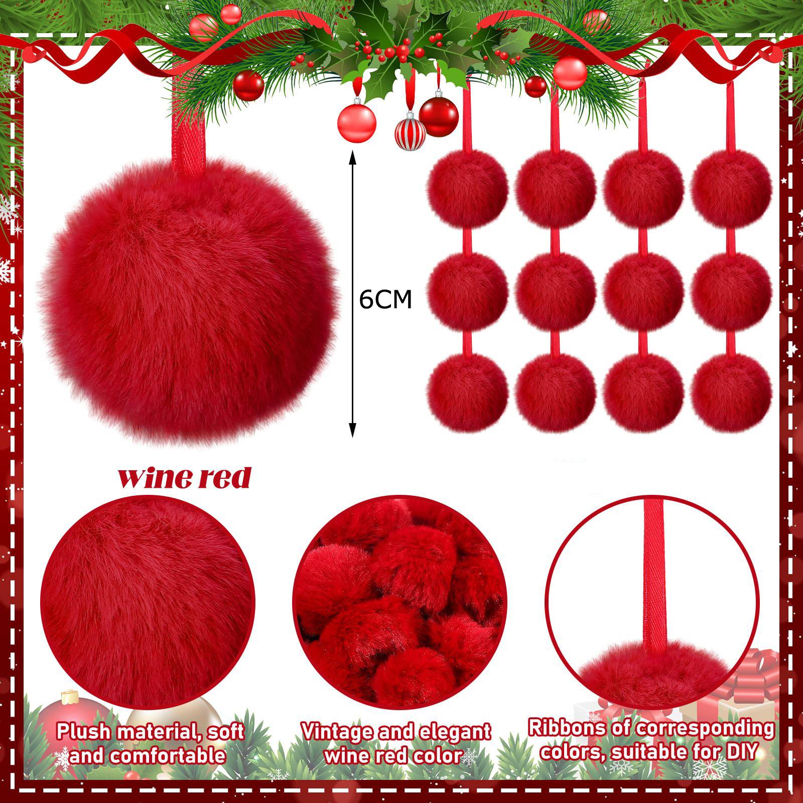 16 pièces de boules de Noël rouges en fausse fourrure de Noël, boule moelleuse, boule en peluche pour costume de Noël, boule de cheveux pour bricolage - Image 2