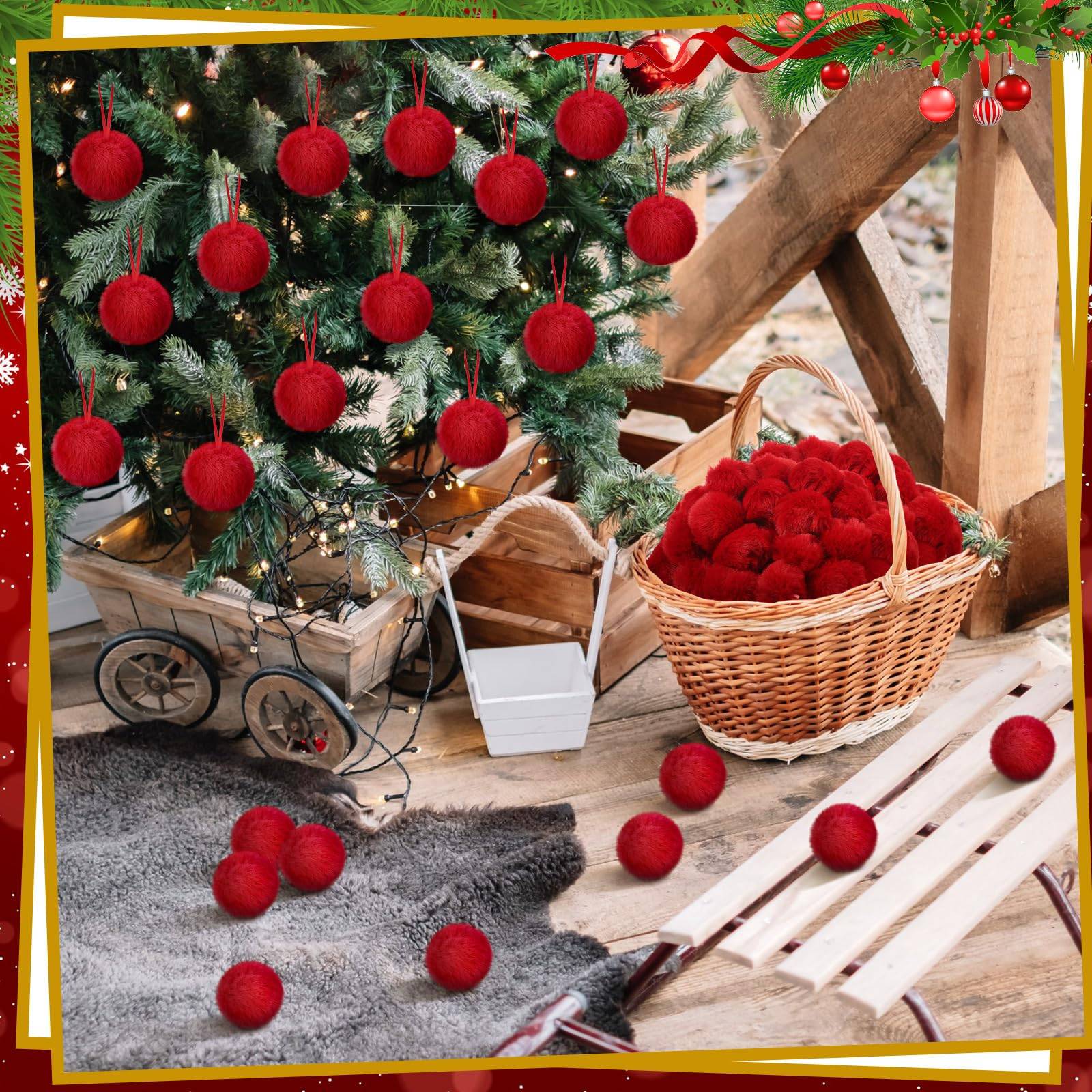 16 pièces de boules de Noël rouges en fausse fourrure de Noël, boule moelleuse, boule en peluche pour costume de Noël, boule de cheveux pour bricolage - Image 6