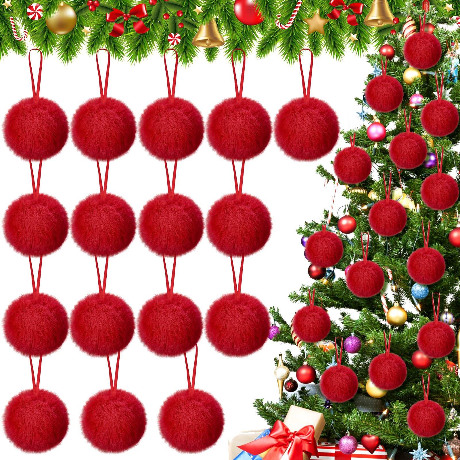 16 pièces de boules de Noël rouges en fausse fourrure de Noël, boule moelleuse, boule en peluche pour costume de Noël, boule de cheveux pour bricolage