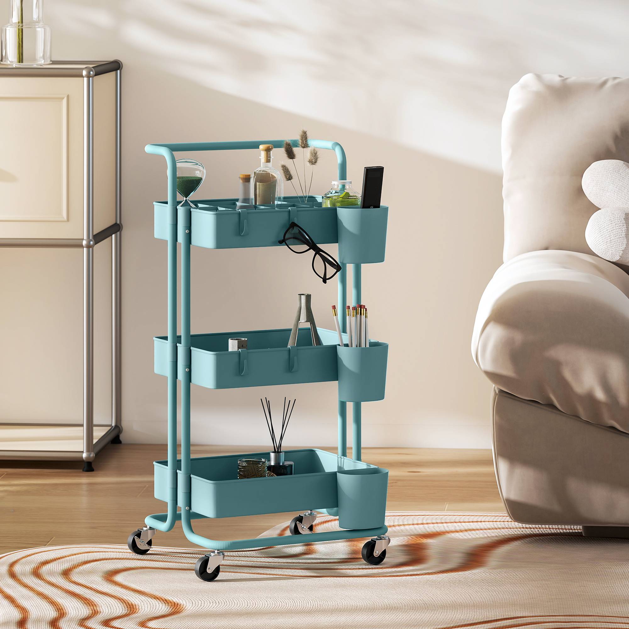 Chariot de service à roulettes avec crochets et boîtes suspendues, desserte mobile 42x38x86,5 cm bleu-vert pour cuisine salle de bain bureau moderne - Image 4